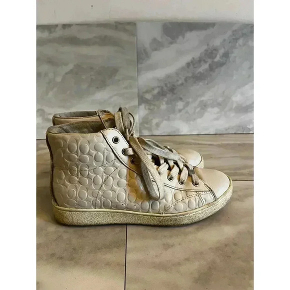 Coach C204 Leather Ivory High Top Sneakers, Size 6.5 B Signature Monogram - Picture 1 of 7